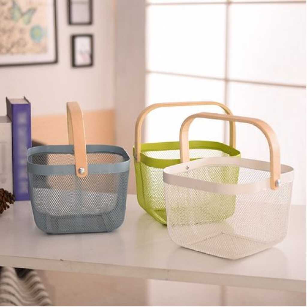 Square Metal Mesh Fruit Shopping Wooden Handle Storage Basket - Multi-colour