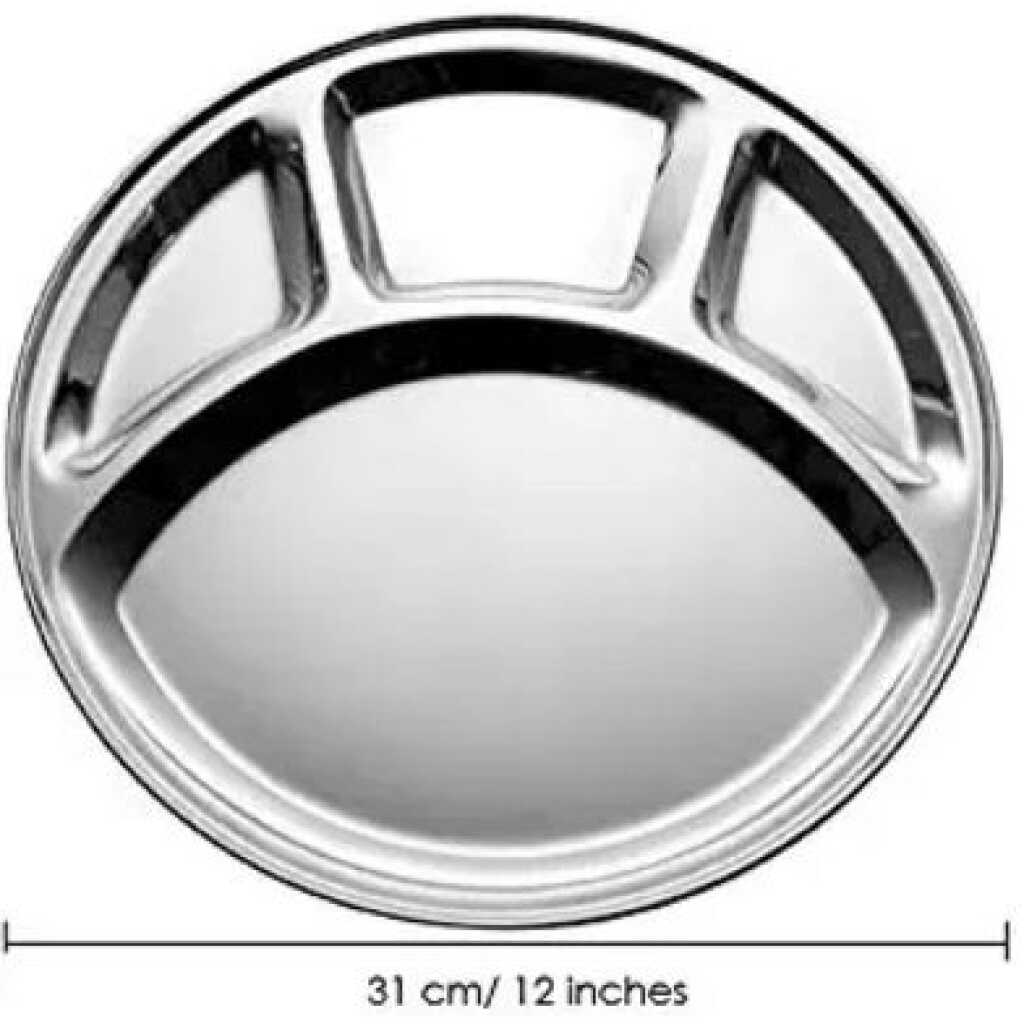 6 Pc Stainless Steel Round 4-In-1 Component Dinner Plate Tray For Lunch - Silver