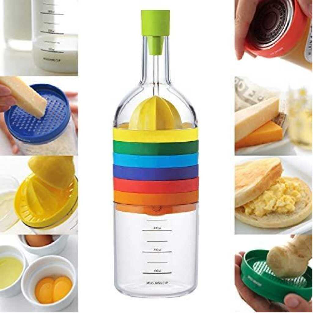 8-in-1 Kitchen Tool Set Multipurpose Bottle Funnel, Flower Vase, Lemon Squeezer, Spice Grater, Egg Masher, Cheese Grater, Cap Opener, Egg Separator, and Measuring Cup