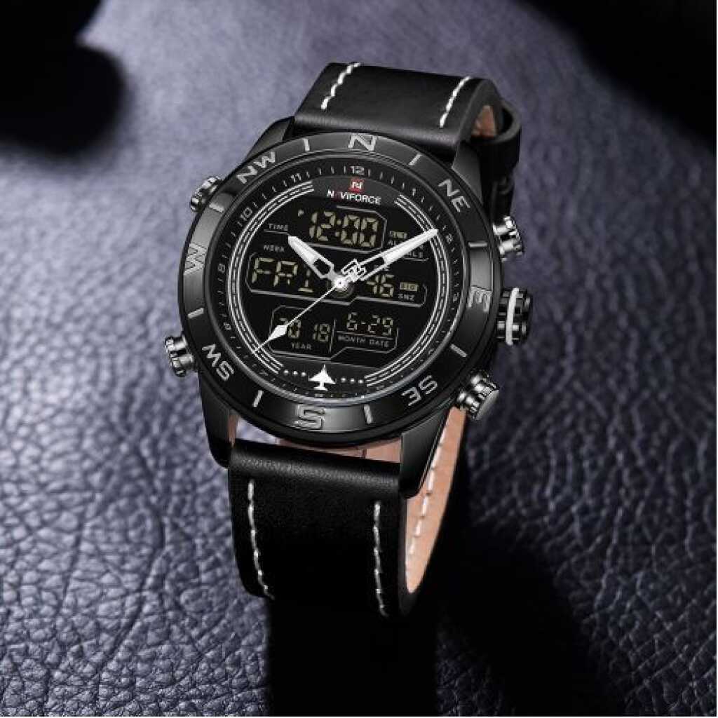 Naviforce Men's Dual Display Leather Straps Designer Watch - Black