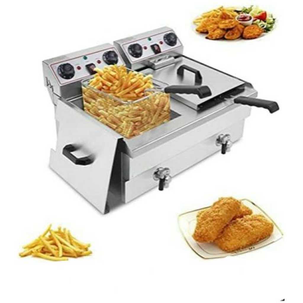 16 Litres Commercial Double Tank Electric Oil Deep Fryer with Basket & Lid- Silver.