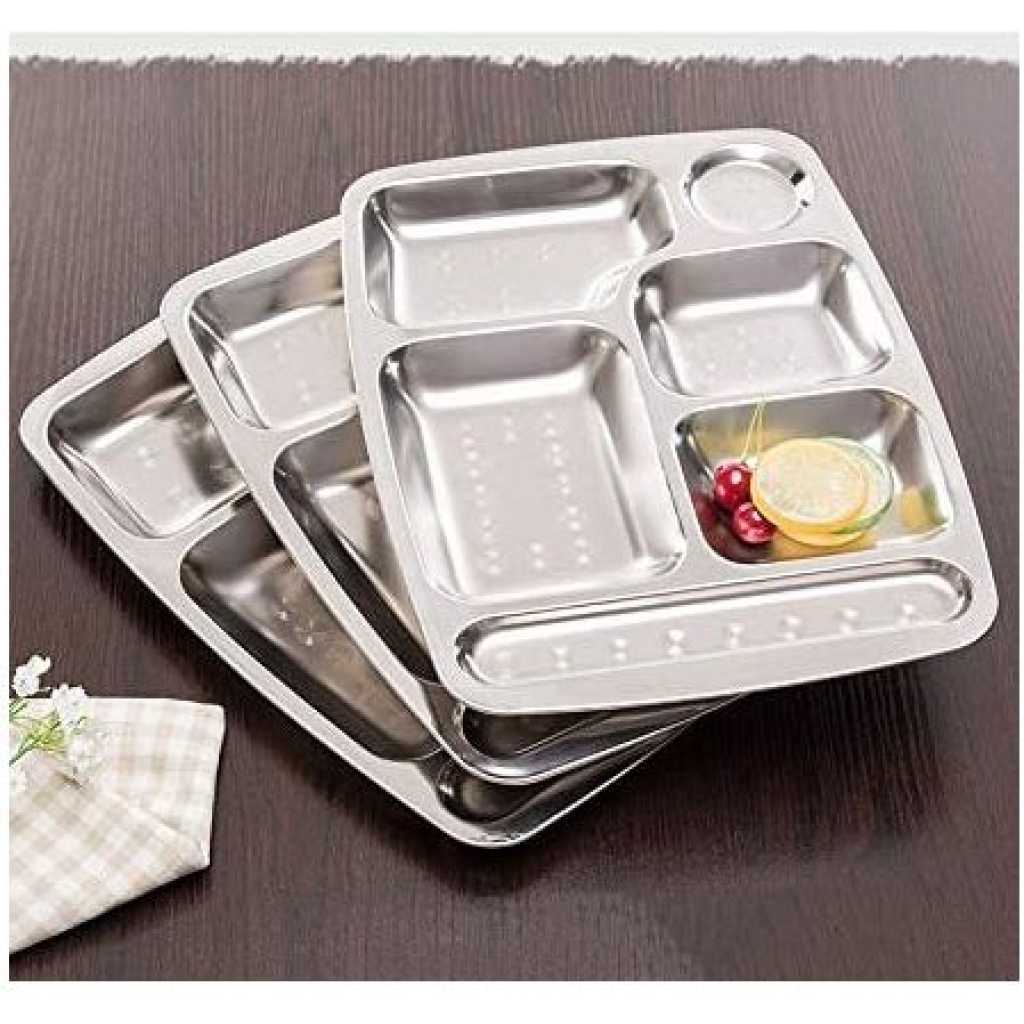 Stainless Steel Rectangle 6-In-1 Component Dinner Plate Tray For Lunch - Silver