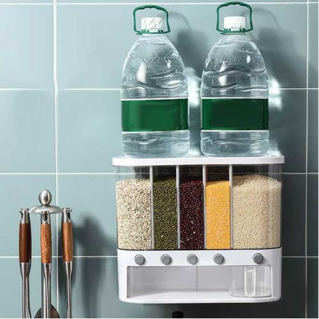 5-Grid Wall Mounted Storage Container 12L Food Dispenser Rice Bucket- Clear.