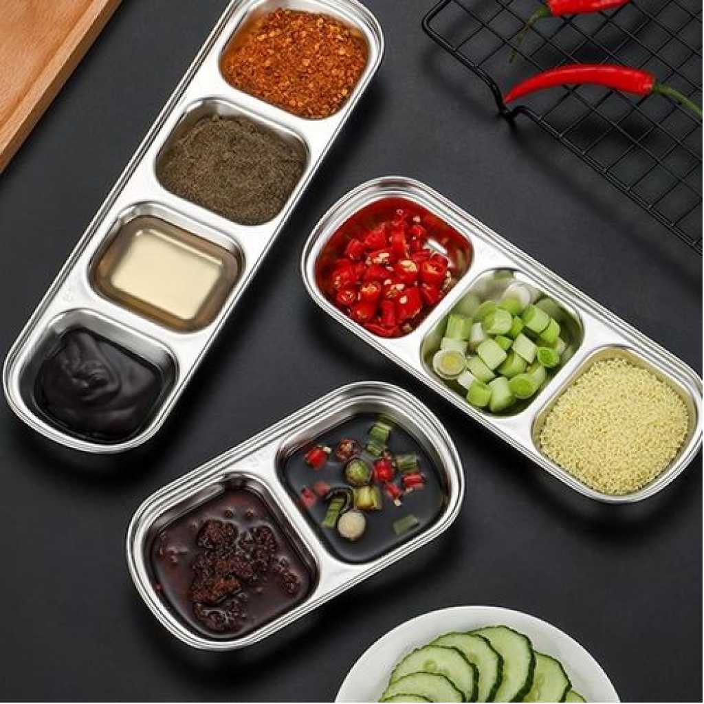 2 Compartment Salad Sauce Dish Food Dipping Bowl Seasoning Tray Vinegar Snack Plate- Silver