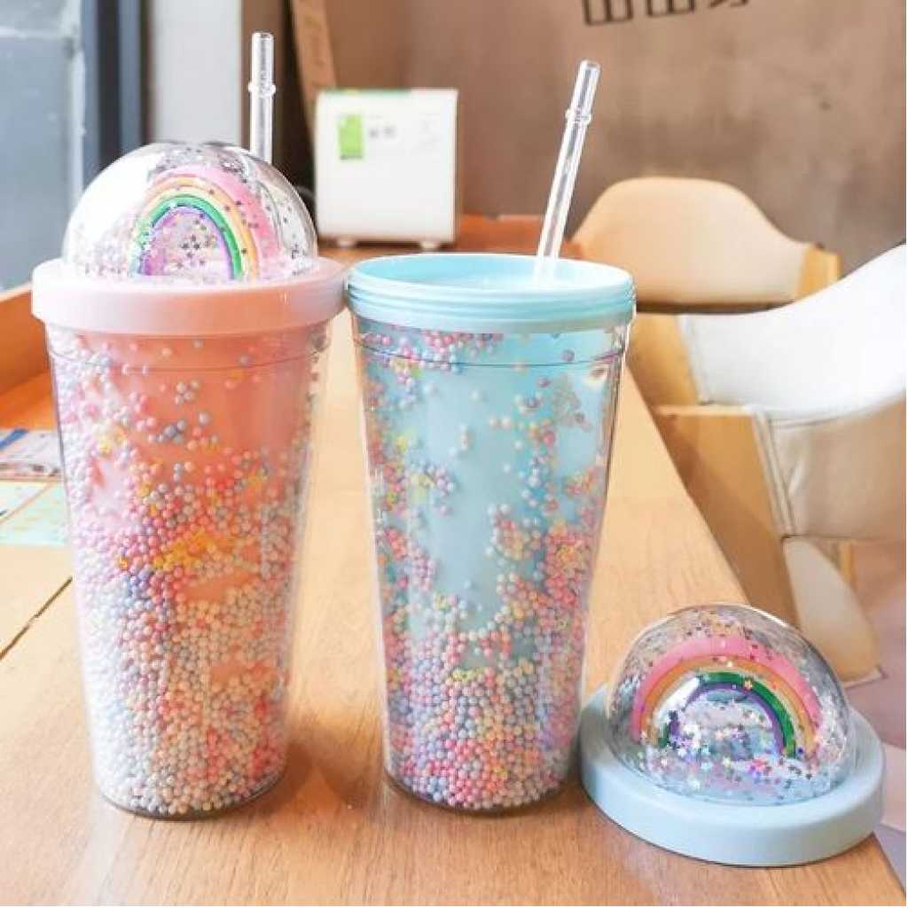 1pc 2-Layer Ice Cream Smoothie Juice Bottle Cup Kettle with Straw - Multi-colours