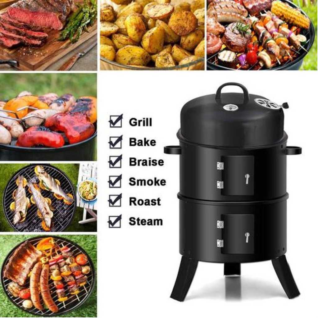 3-In-1 Charcoal Grill BBQ Smoker Barbecue Stove Oven With Thermometer,3 Grates And 2 Doors- Black