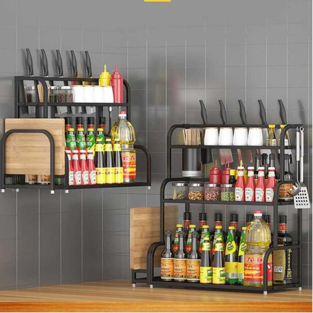 3 Tier Spice Rack Organizer Spice Jars Bottle Stand Holder Kitchen Storage Shelves + Hanging Hooks- Multi-colour