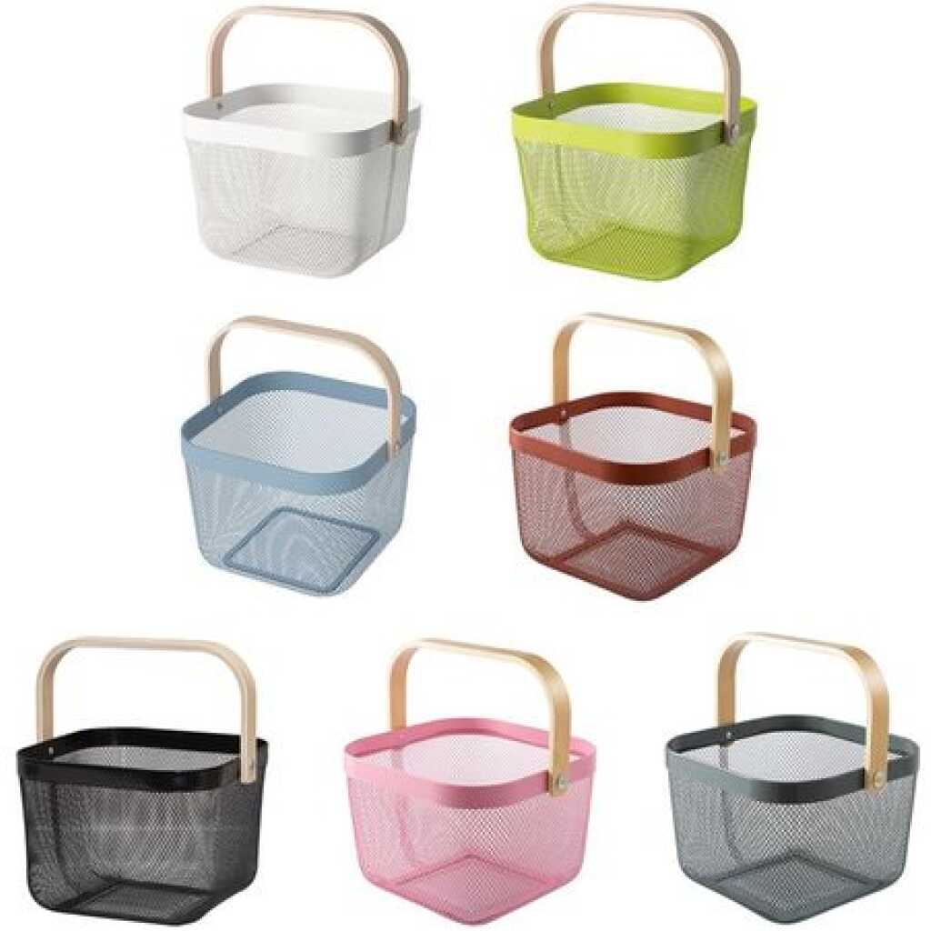 Square Metal Mesh Fruit Shopping Wooden Handle Storage Basket - Multi-colour