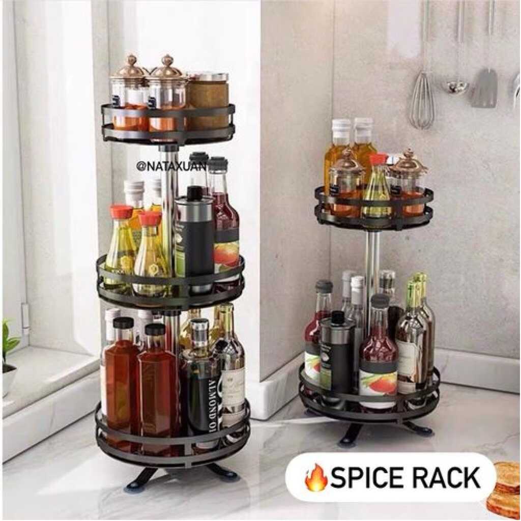 2 Tier 360° Rotatating Kitchen Trolley Shelf Spice Storage Rack Organizer Stand - Black