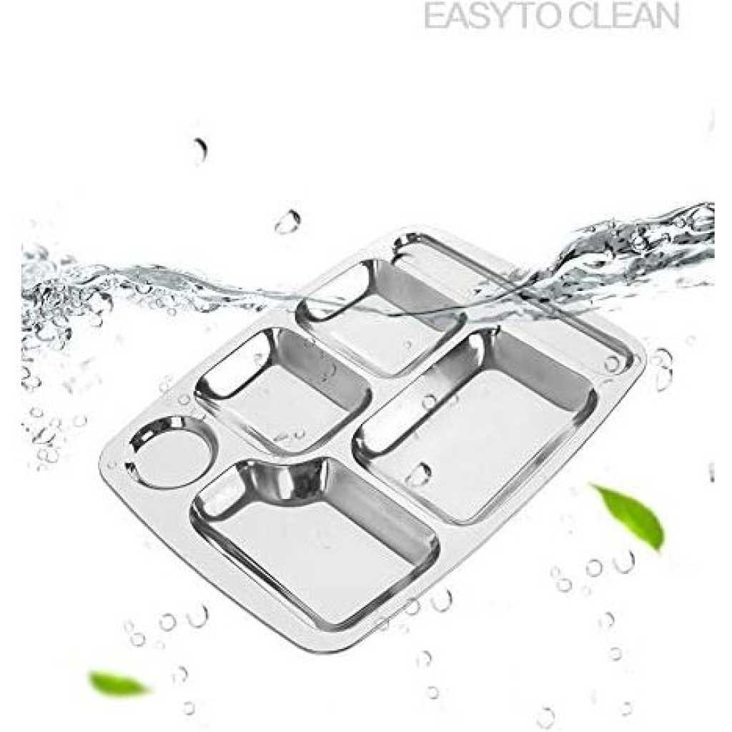 Stainless Steel Rectangle 6-In-1 Component Dinner Plate Tray For Lunch - Silver