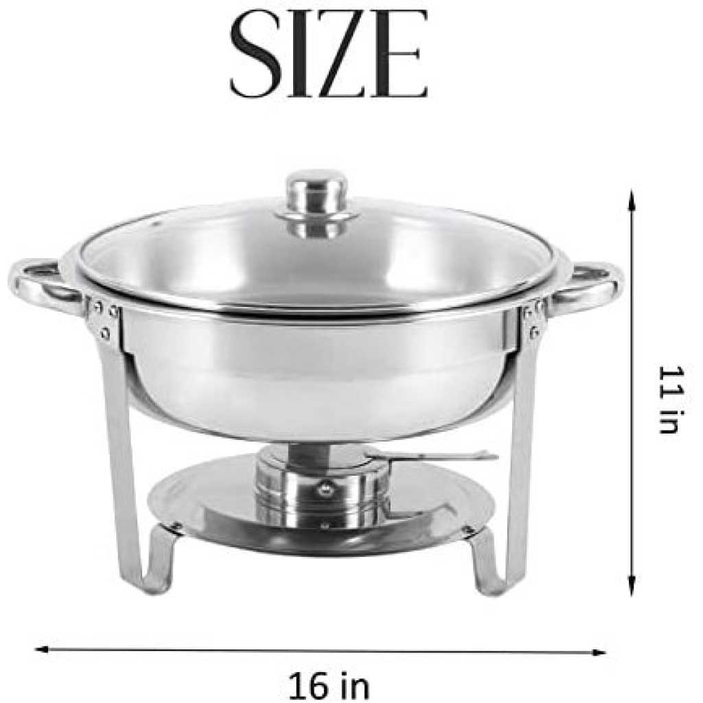 Chafing Dish Round Chafer Buffet Catering Warmer Food And Water Pan, Lid, Solid Stand And Fuel Holder - Silver