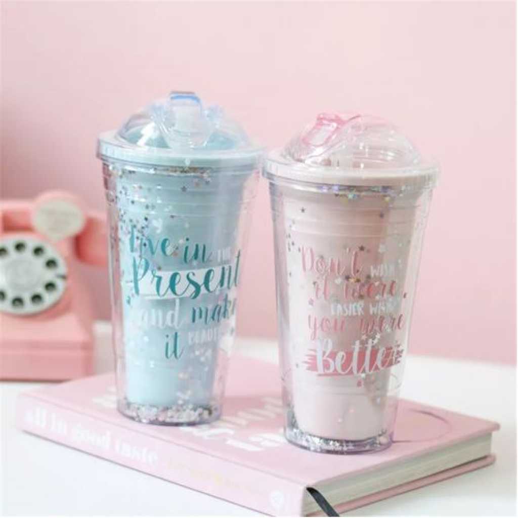 1pc 2-Layer Ice Cream Smoothie Juice Bottle Cup Kettle with Straw - Multi-colours