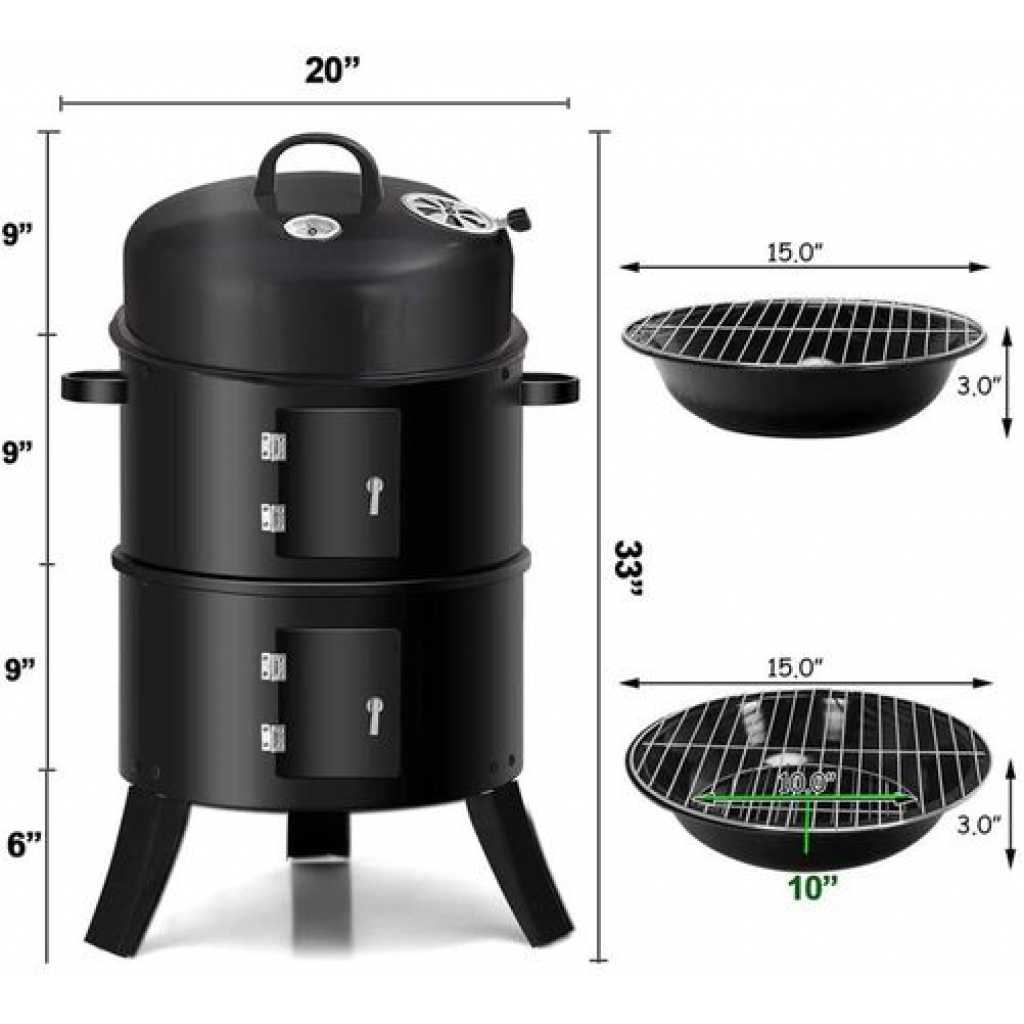 3-In-1 Charcoal Grill BBQ Smoker Barbecue Stove Oven With Thermometer,3 Grates And 2 Doors- Black