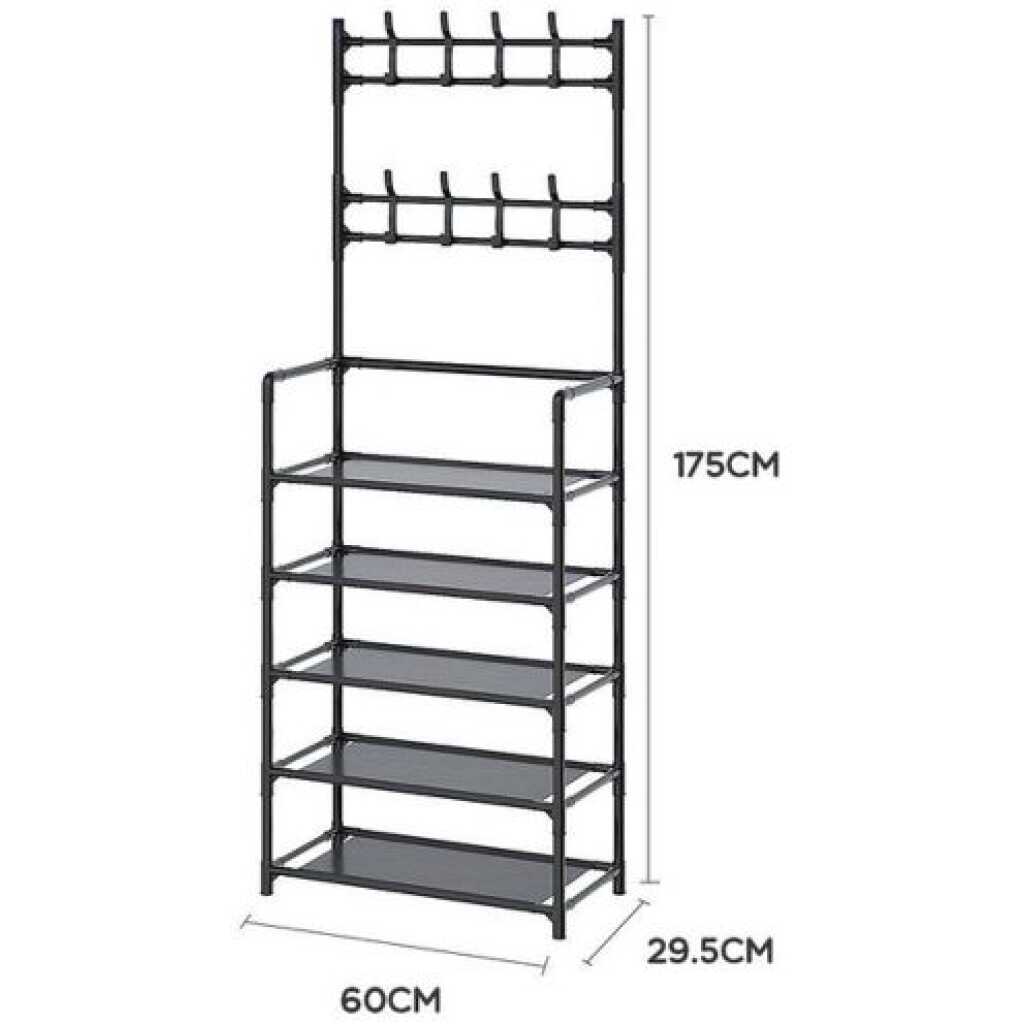 Multi-functional Hat Coat Stand With 5 Tier Shoe Rack Storage Clothes Rack & 8 Hooks Organizer- Black.