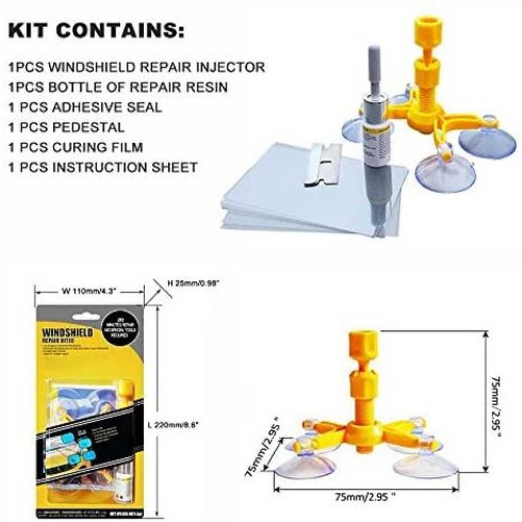 Car Glass Windshield Repair Kit, Tools Kit for Fixing Cracks, Chips, Scratches, Yellow