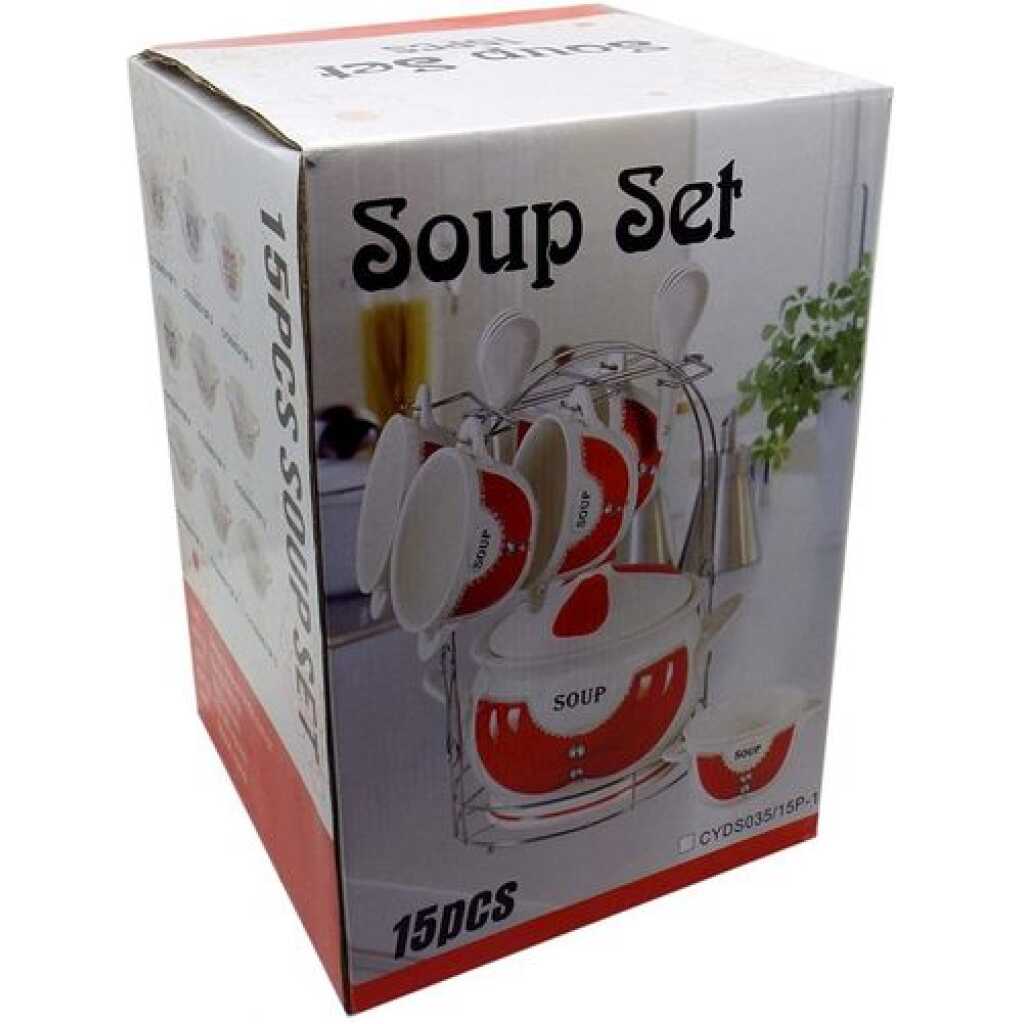 15-Piece Ceramic soup Bowls ,Cups, Spoon Set On Stand- Multi-color.