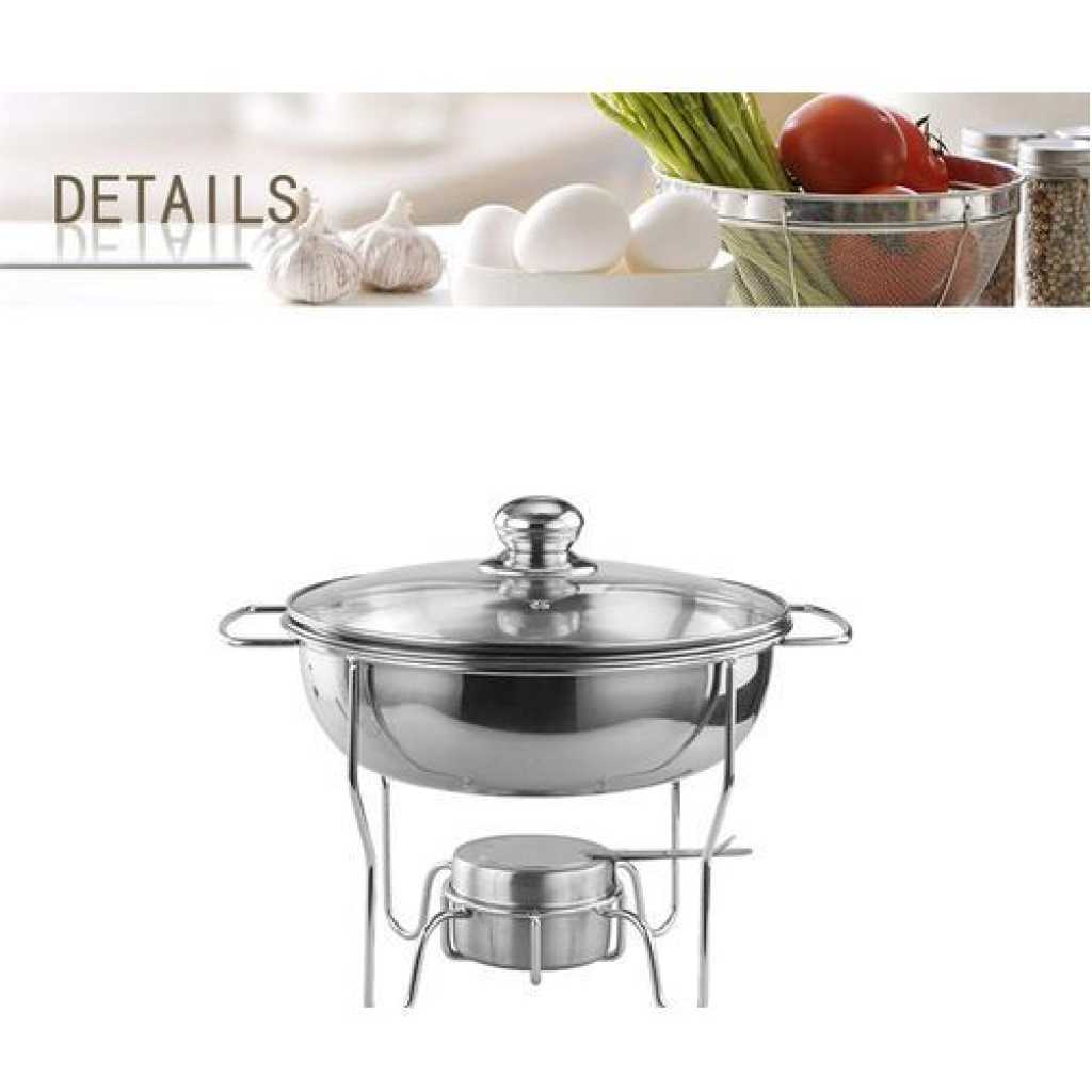 4L Stainless Steel Small Round Chafing Dish Food Warmer Hot Pot Outdoor Camping Alcohol Stove- Silver.