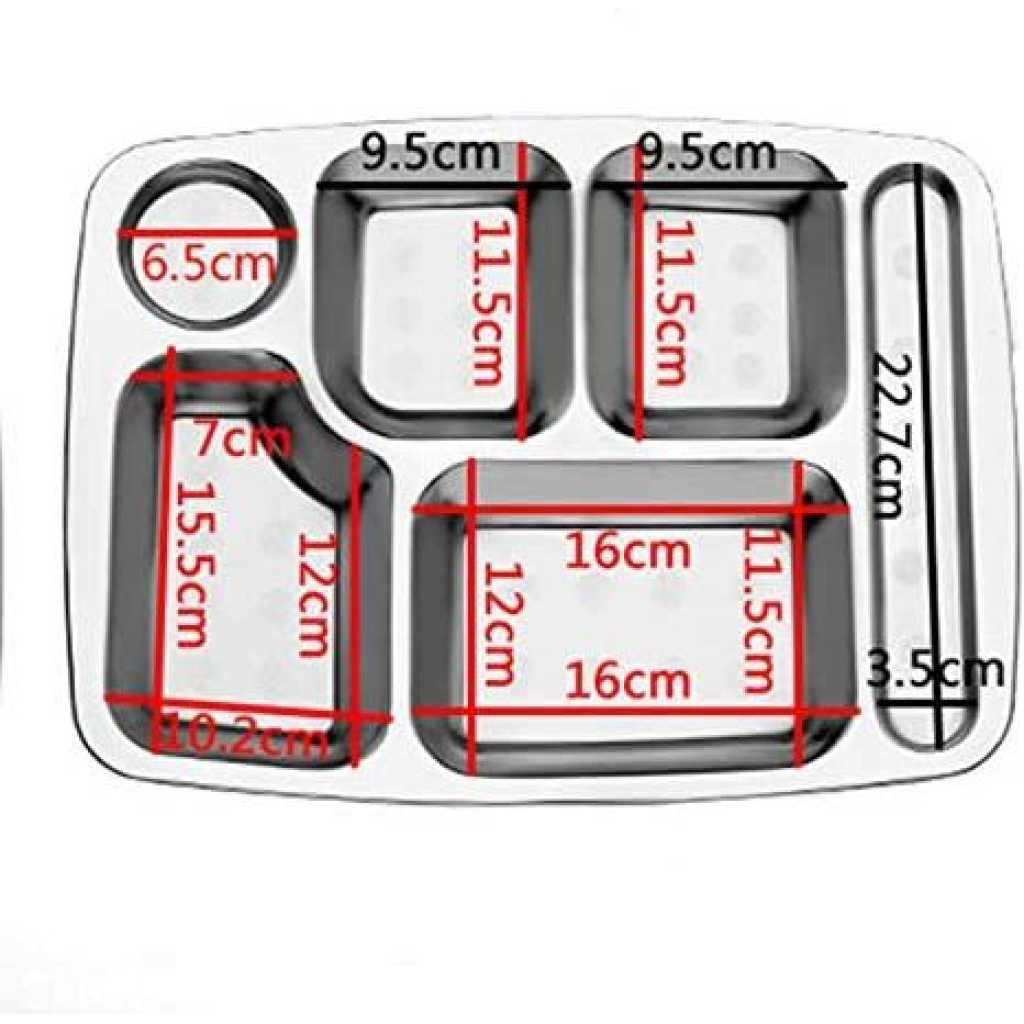 Stainless Steel Rectangle 6-In-1 Component Dinner Plate Tray For Lunch - Silver