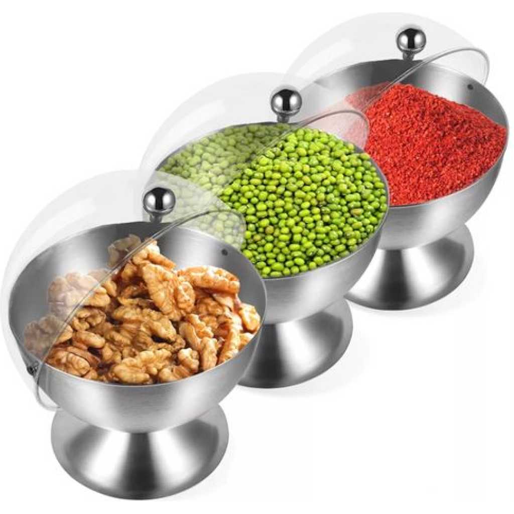 3 Pc Seasoning Serving Bowl With Lids Sugar Salt Storage Container - Silver