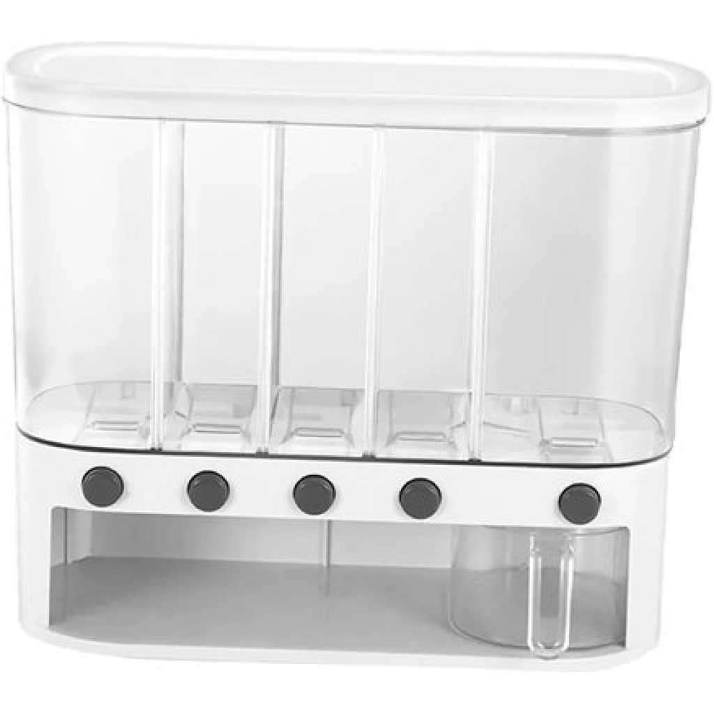 5-Grid Wall Mounted Storage Container 12L Food Dispenser Rice Bucket- Clear.