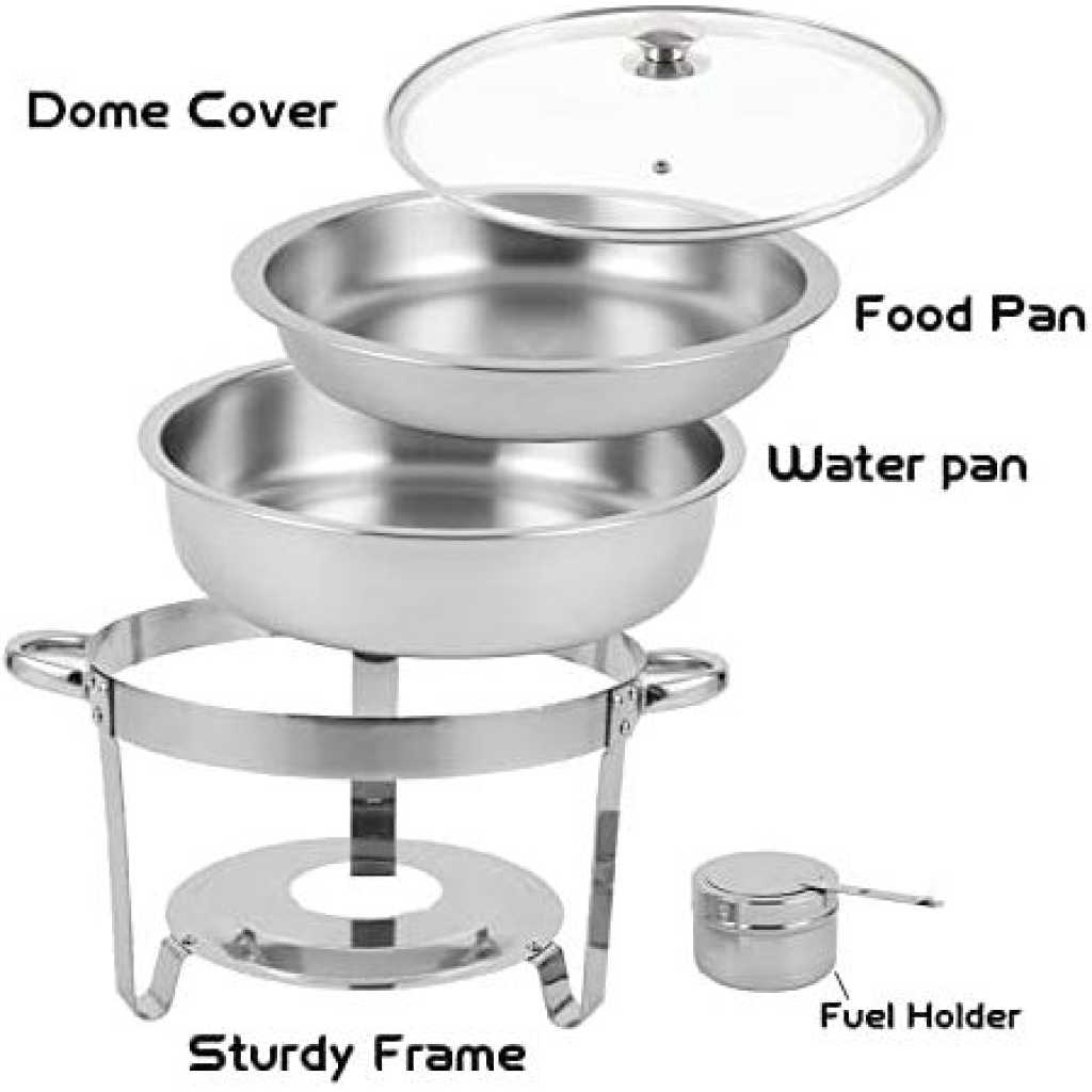 Chafing Dish Round Chafer Buffet Catering Warmer Food And Water Pan, Lid, Solid Stand And Fuel Holder - Silver