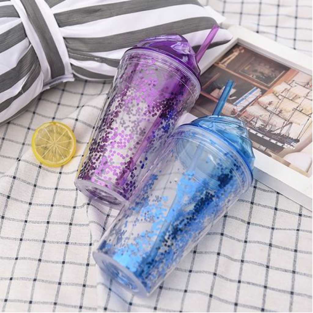 1pc 2-Layer Ice Cream Smoothie Juice Bottle Cup Kettle with Straw - Multi-colours