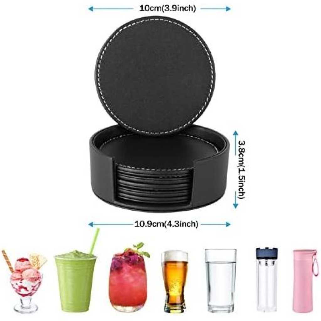 7 Piece Leather Drink Coasters Round Cup Mat Pad for Home And Kitchen - Black