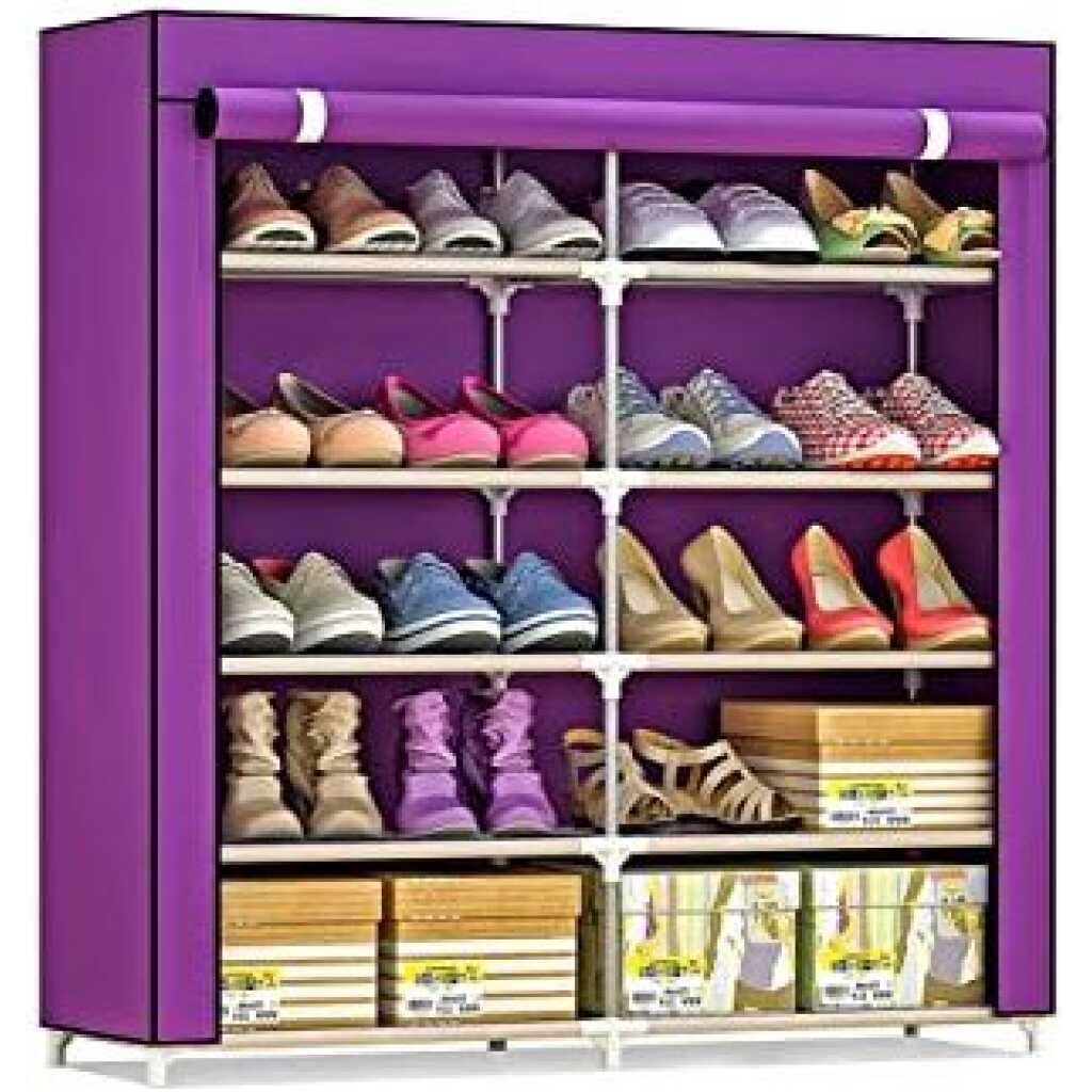 12 Layer Foldable Collapsible Shoe Rack Storage Organizer, 36 Pairs Portable Double Row Shoe Rack Shelf Cabinet For Closet- Red