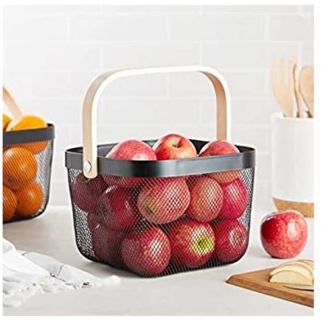 Square Metal Mesh Fruit Shopping Wooden Handle Storage Basket - Multi-colour