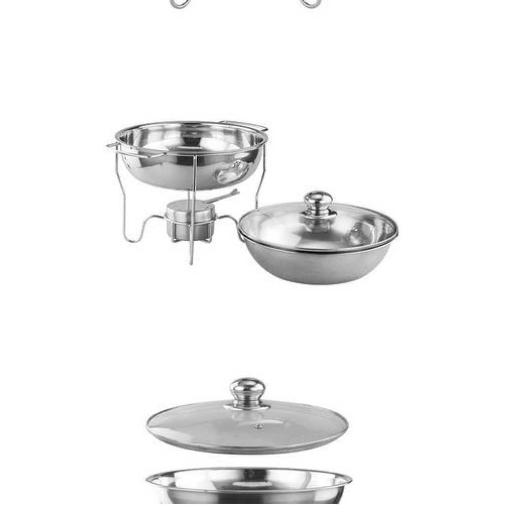 4L Stainless Steel Small Round Chafing Dish Food Warmer Hot Pot Outdoor Camping Alcohol Stove- Silver.