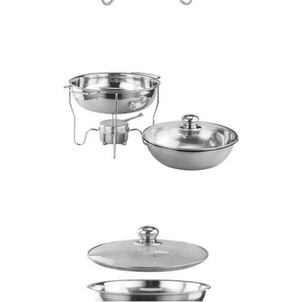 8L Stainless Steel Small Round Chafing Dish Food Warmer Hot Pot Outdoor Camping Alcohol Stove- Silver.