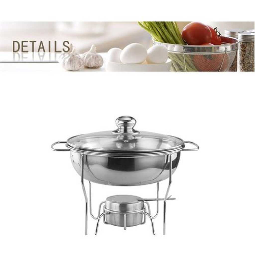 6L Stainless Steel Small Round Chafing Dish Food Warmer Hot Pot Outdoor Camping Alcohol Stove - Silver