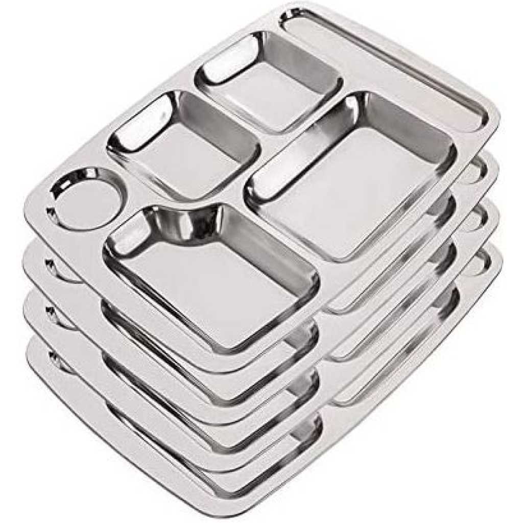 Stainless Steel Rectangle 6-In-1 Component Dinner Plate Tray For Lunch - Silver