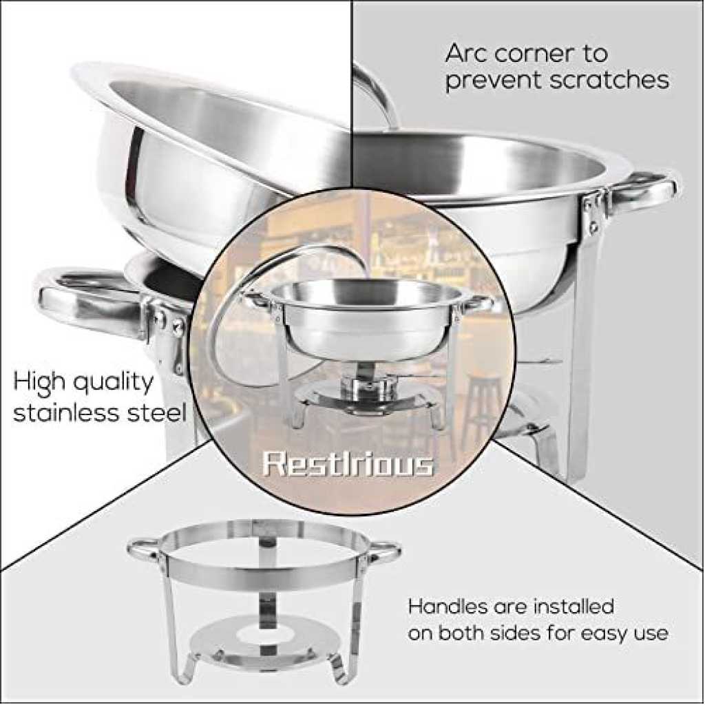 Chafing Dish Round Chafer Buffet Catering Warmer Food And Water Pan, Lid, Solid Stand And Fuel Holder - Silver