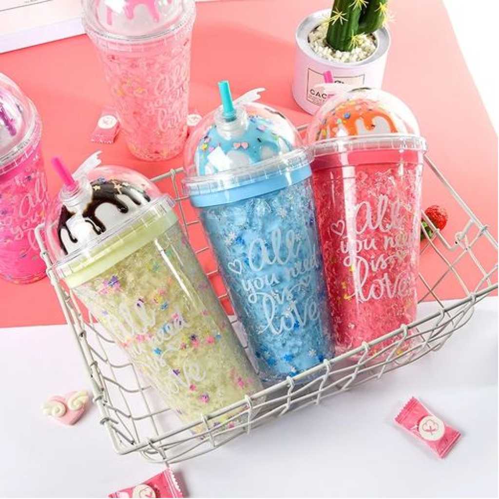 1pc 2-Layer Ice Cream Smoothie Juice Bottle Cup Kettle with Straw - Multi-colours