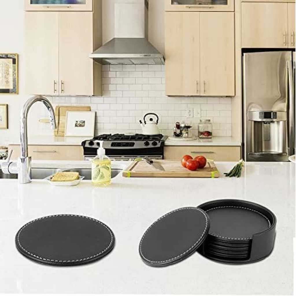 7 Piece Leather Drink Coasters Round Cup Mat Pad for Home And Kitchen - Black