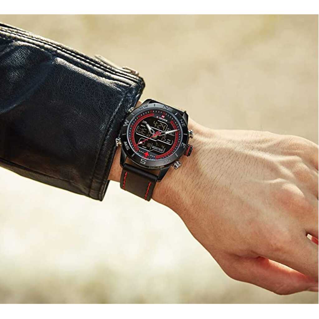 NAVIFORCE Men's Waterproof Sport Watches Leather Digital Analog Watch Luxury Casual Dual Time Wristwatch