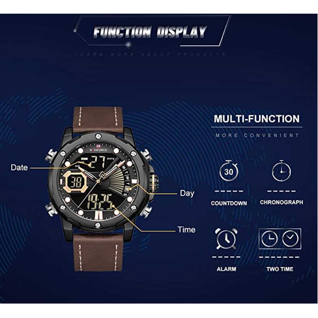 NAVIFORCE 9172 Mens Watch - Business Fashion Luxury - Digital Quartz Dual Time Display - Casual Japanese Quartz Watches