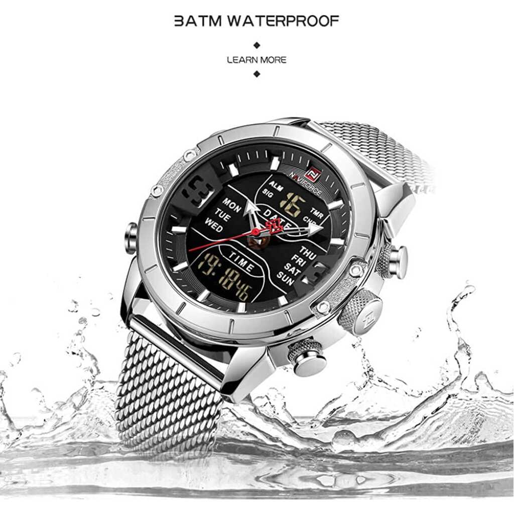 NAVIFORCE Men's Watch Waterproof Multifunction LED Digital Quartz Wrist Watches Stainless Steel Mesh Strap