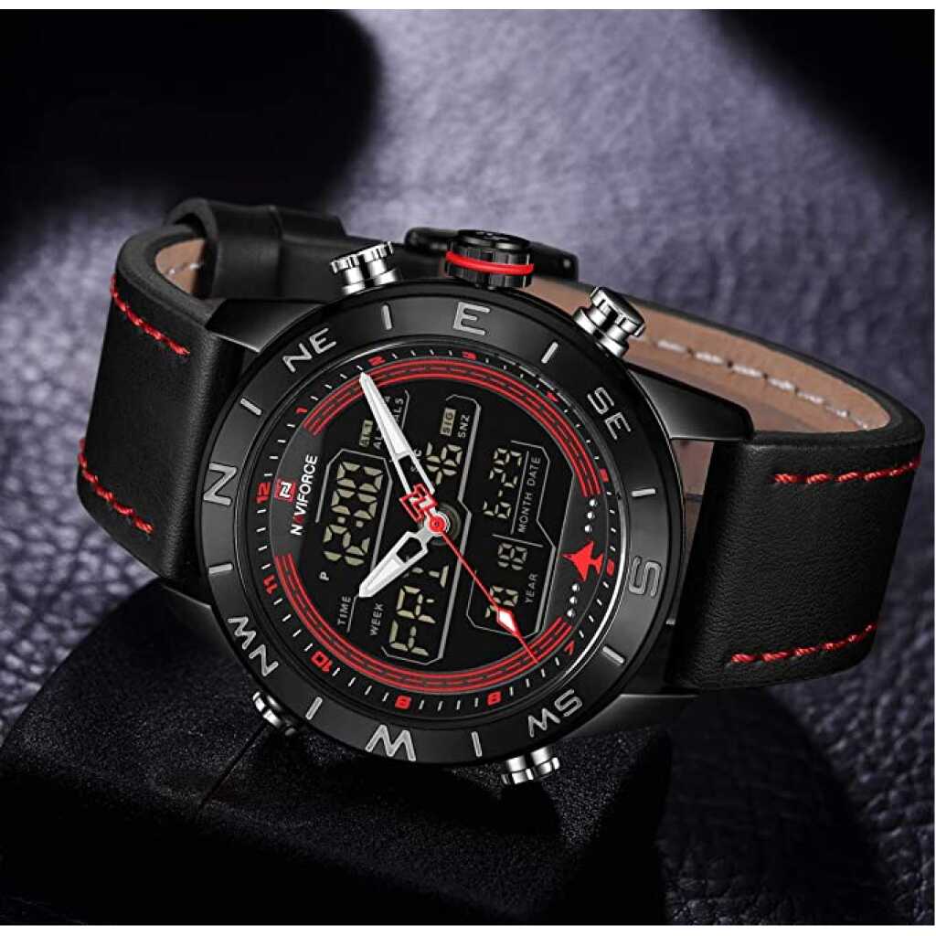 NAVIFORCE Men's Waterproof Sport Watches Leather Digital Analog Watch Luxury Casual Dual Time Wristwatch