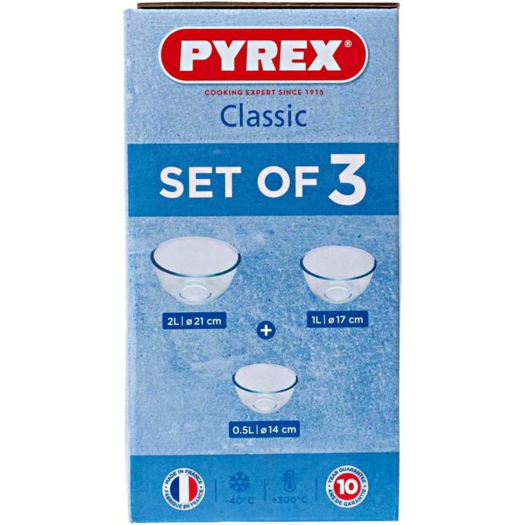 Pyrex Classic Baking Mixing Bowl Glass Set, 0.5L/1.0L/2.0L, Colourless