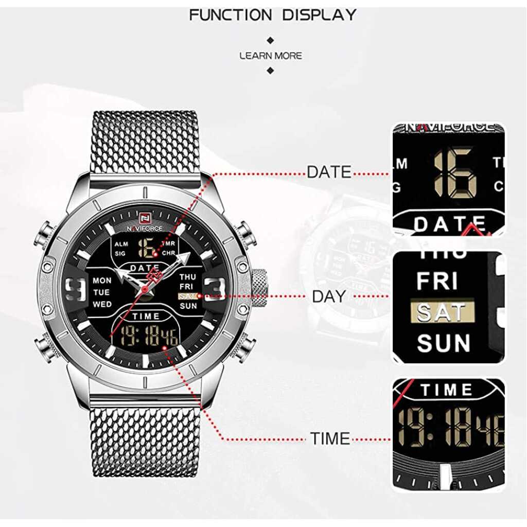 NAVIFORCE Men's Watch Waterproof Multifunction LED Digital Quartz Wrist Watches Stainless Steel Mesh Strap