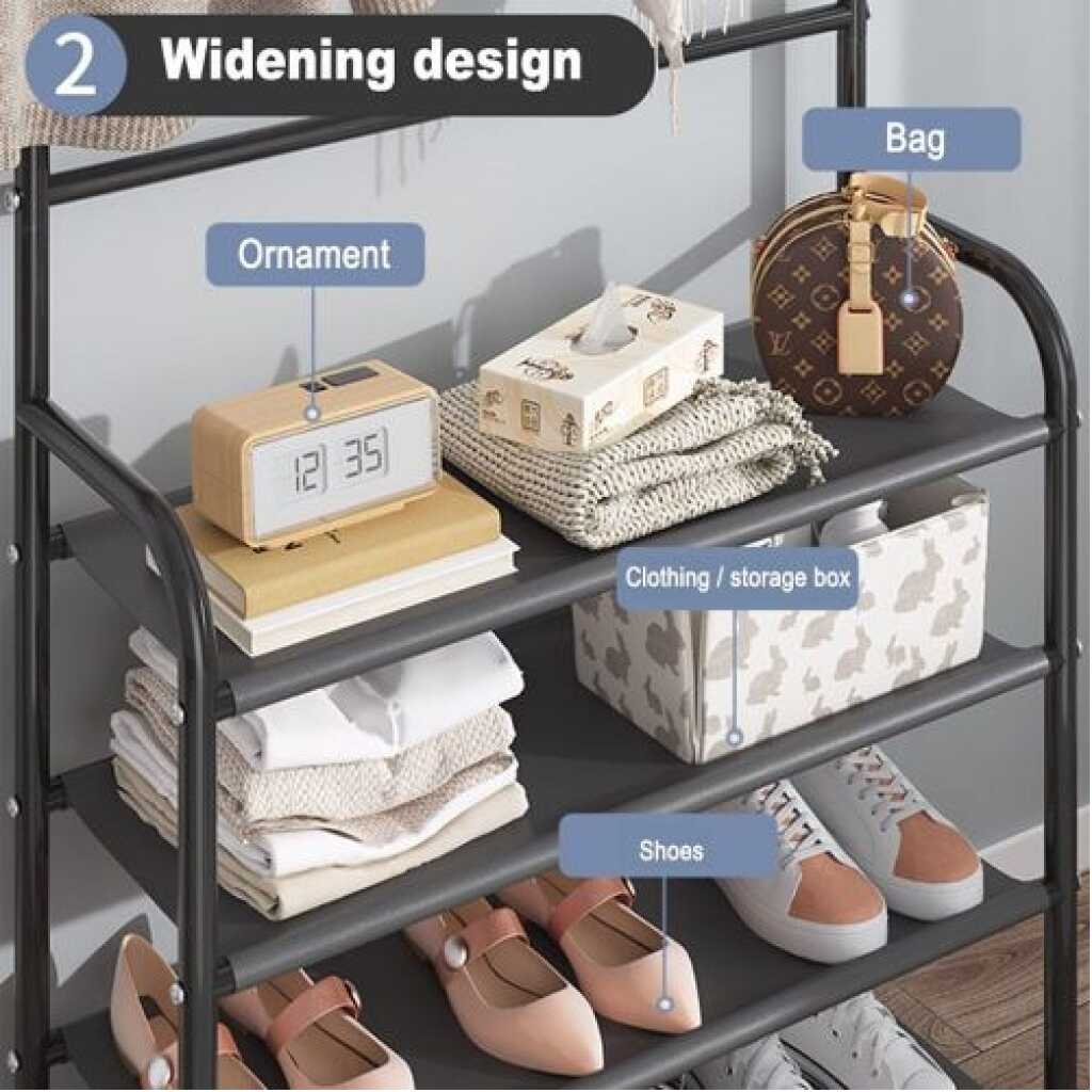 Multi-functional Hat Coat Stand With 5 Tier Shoe Rack Storage Clothes Rack & 8 Hooks Organizer- Black.