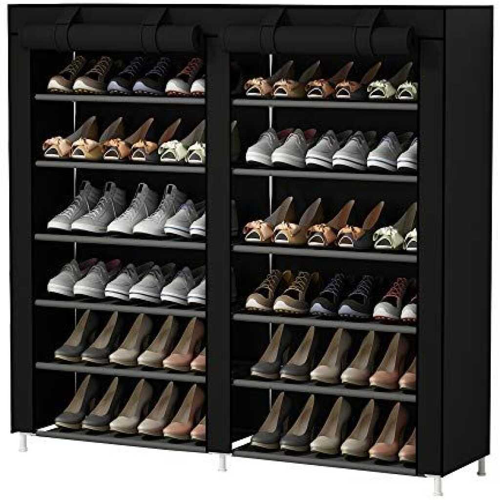 12 Layer Foldable Collapsible Shoe Rack Storage Organizer, 36 Pairs Portable Double Row Shoe Rack Shelf Cabinet For Closet- Red