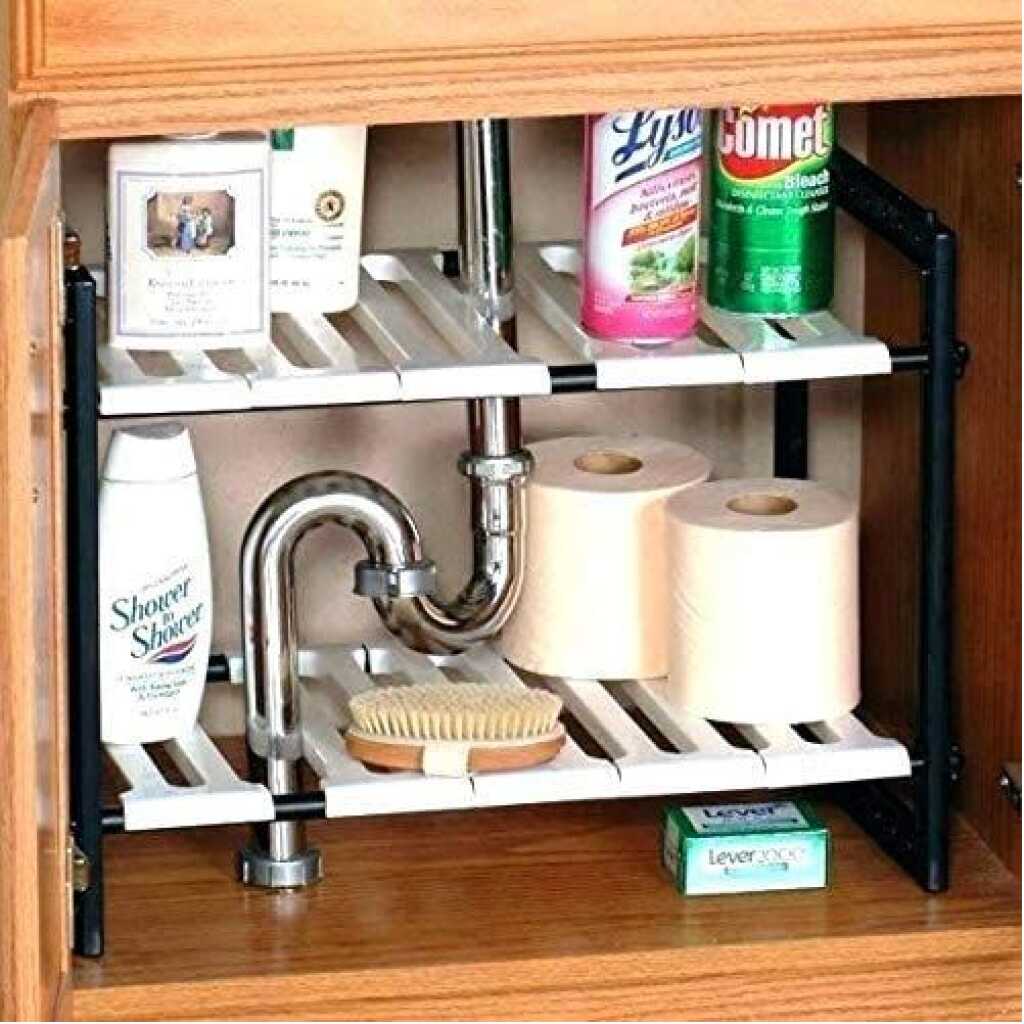 Adjustable Rack, Pool Space Arrangement Frame, Under-Sink Storage Shelves - White