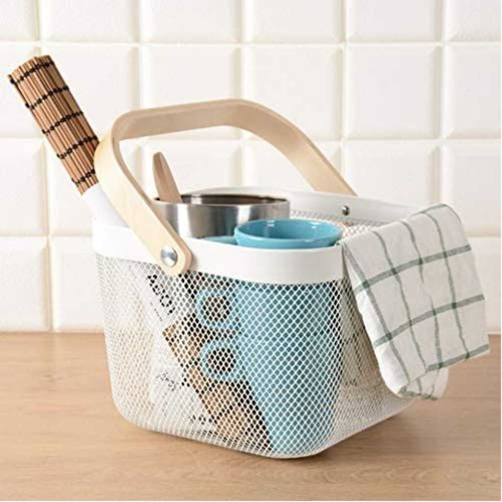 Square Metal Mesh Fruit Shopping Wooden Handle Storage Basket - Multi-colour