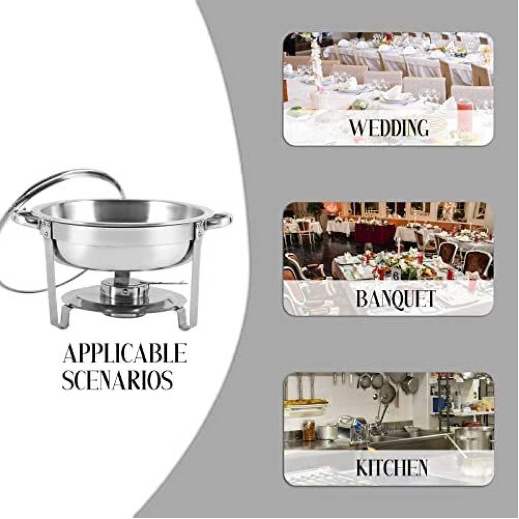 Chafing Dish Round Chafer Buffet Catering Warmer Food And Water Pan, Lid, Solid Stand And Fuel Holder - Silver