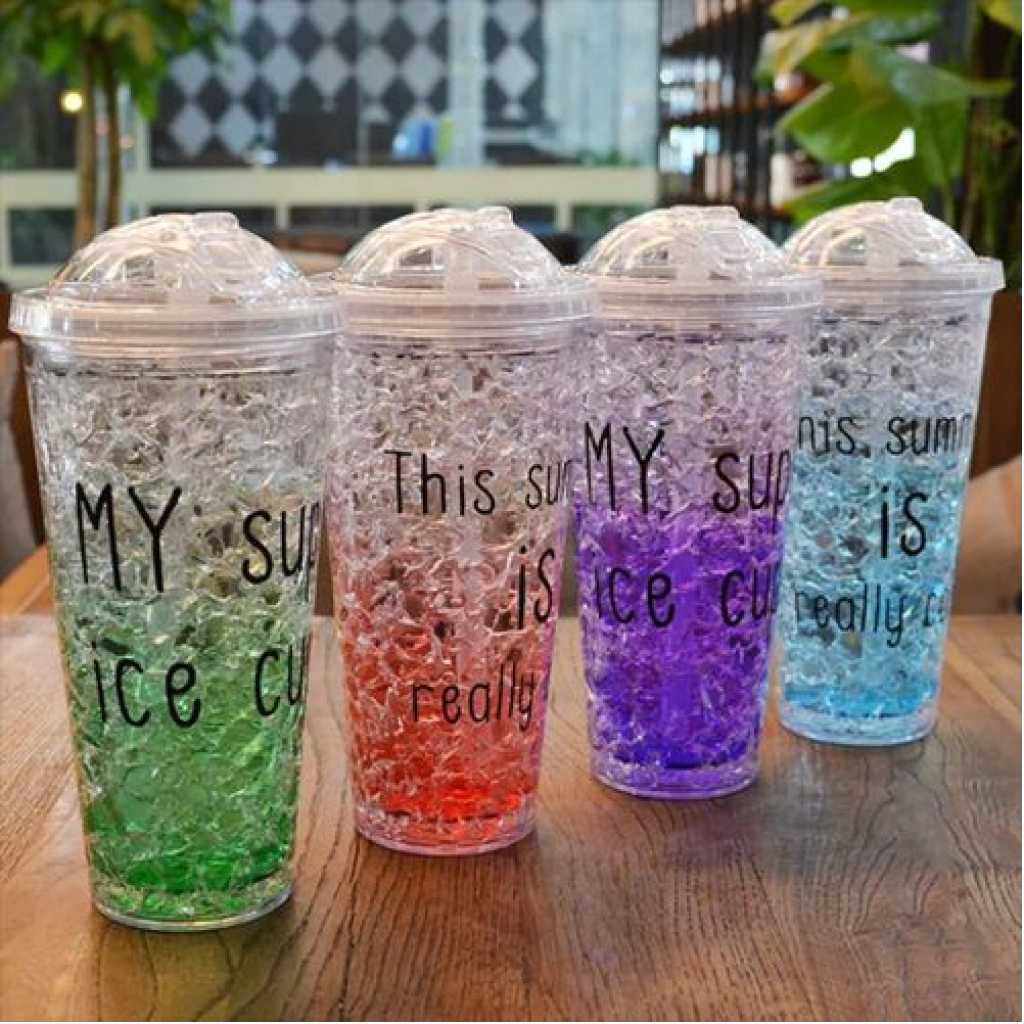 1pc 2-Layer Ice Cream Smoothie Juice Bottle Cup Kettle with Straw - Multi-colours