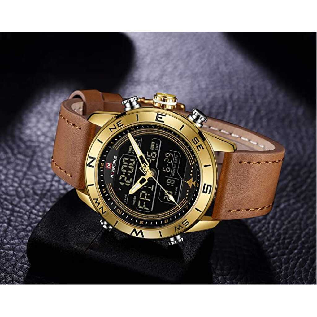 NAVIFORCE Men's Digital Sport Leather Watch Waterproof Analog Quartz Watches Casual Chronograph Backlight Military Wristwatch.