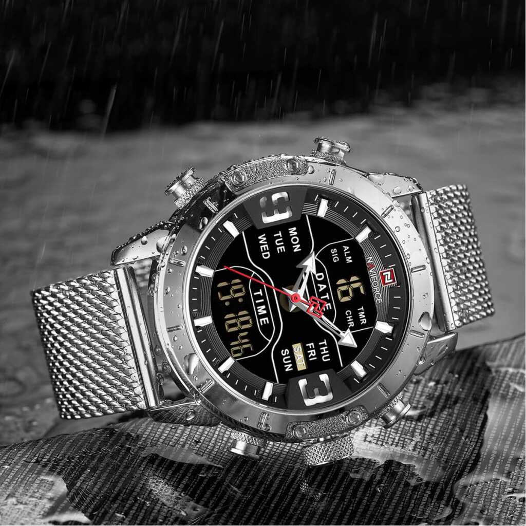 NAVIFORCE Men's Watch Waterproof Multifunction LED Digital Quartz Wrist Watches Stainless Steel Mesh Strap